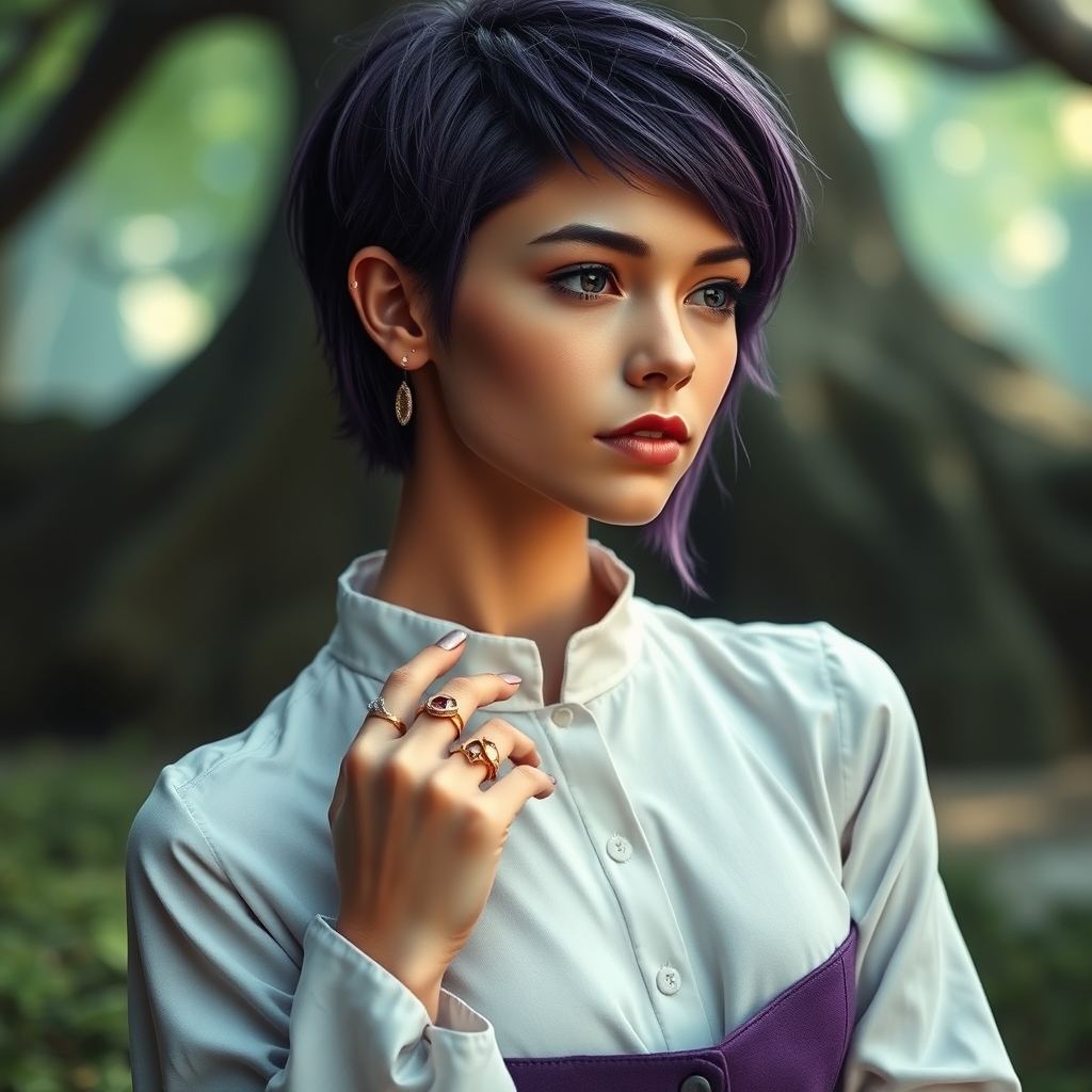 یه دختر که مدل موهاش کوتاه و پرسینگ طلا داره تو گوشش و و موهاش بنفشه و پوستش یه ذره زیادی سبزه هست و یه لباس آستین بلند سفید و شلوار بنفش تتنشه و تو دستاش کلی انگشتر طلا هست و خیلی جذابه19