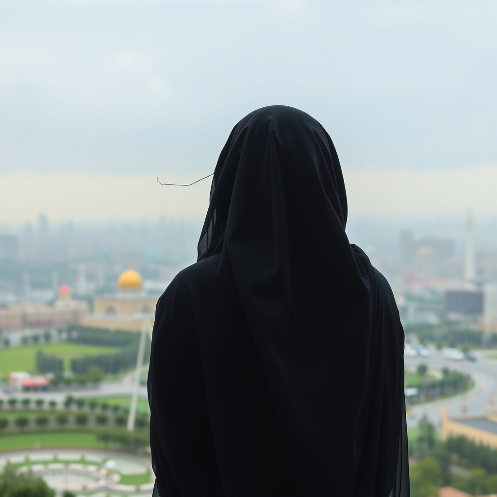 دختری چادری از پشت که به کربلا خیره شده و هیچ کس به جز اون دختر