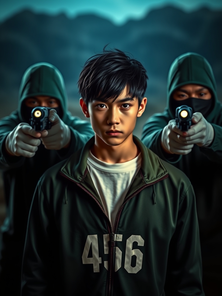 یک پسر با موهای سیاه و چشمان سیاه با شماره لباس ۴۵۶ در منطقه اسکویید گیم که دو خدمتکار از اسکویید گیم به او شلیک میکنند1
