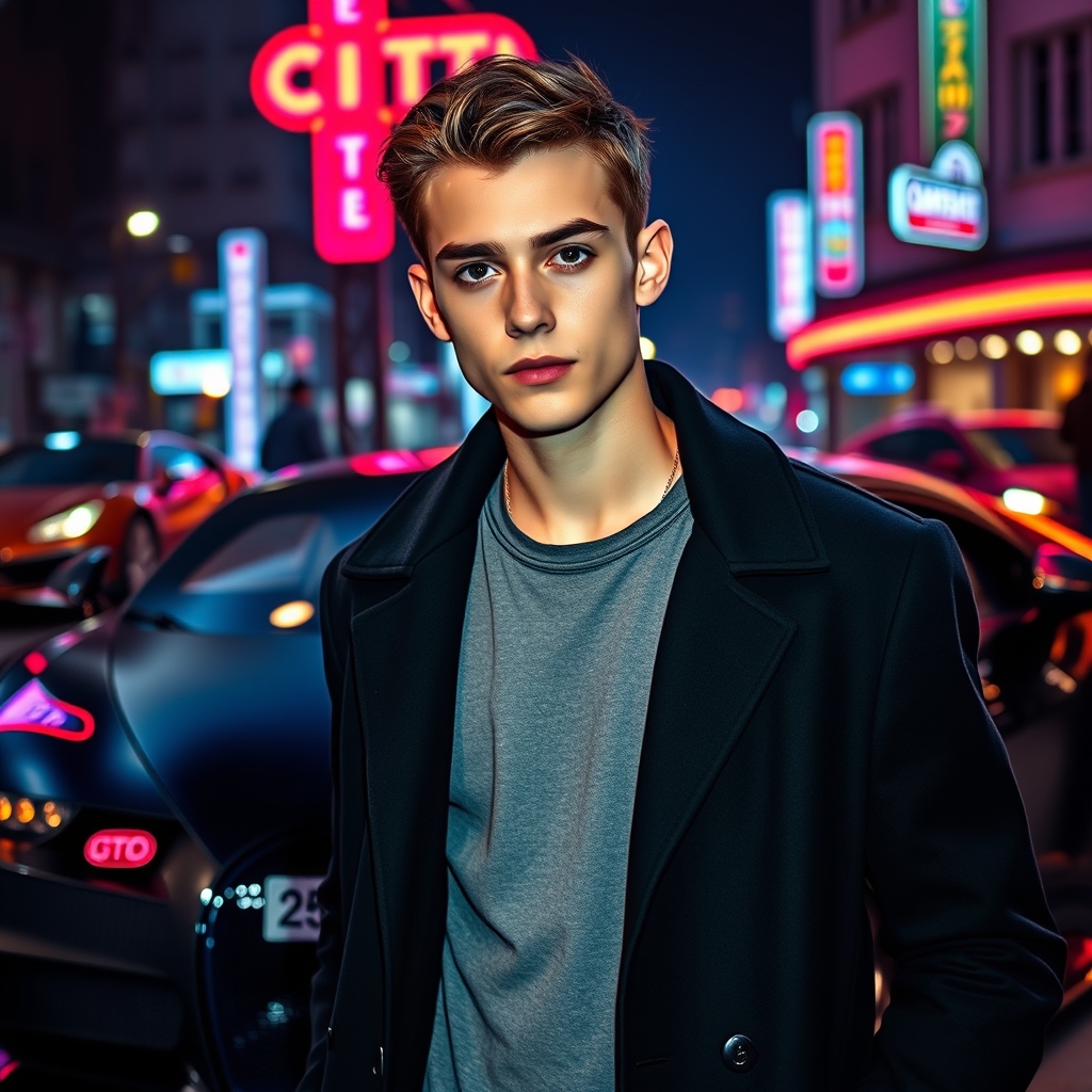 پسر 18 ساله ی لاغر چشم کشیده مشکی، قد بلند، ابروهای پهن با کت مشکی بلند، پوست سفید، کنار ماشین بوگاتی 1