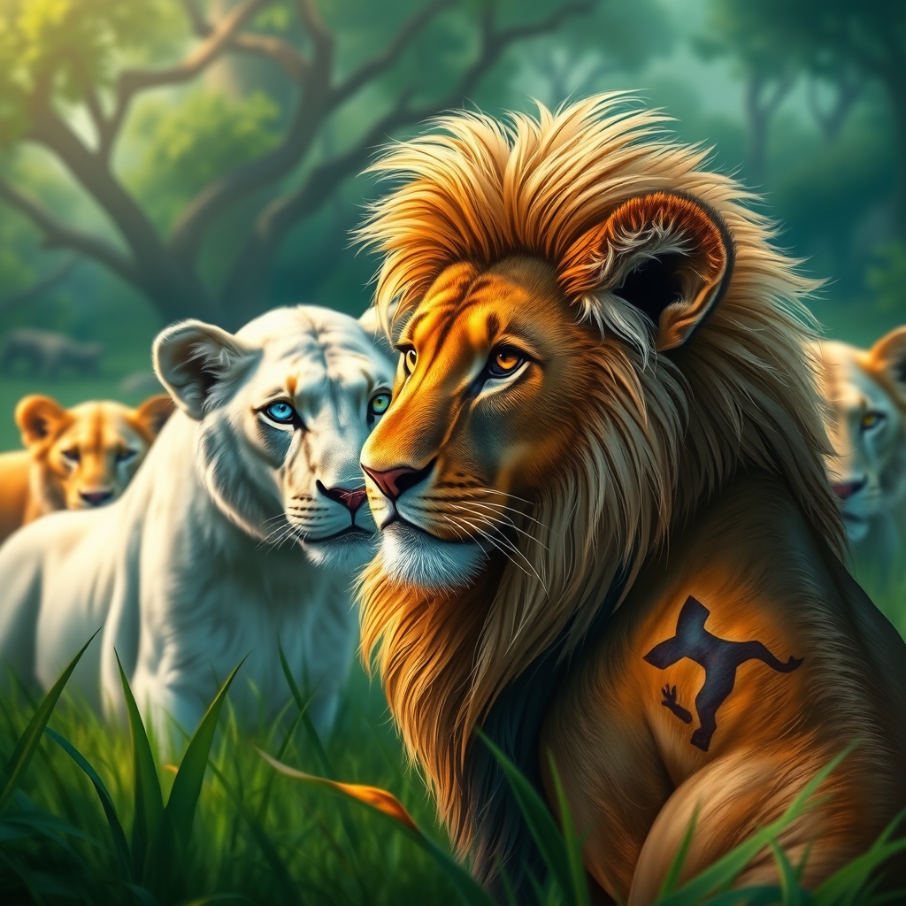 یک شیر نر جوان با یال کرمی وبلند وشانه اش زخمی است وبه یک شیر ماده سفید چشم آبی که در  گله شیرهاست نگاه می کند در یک دشت سرسبز19