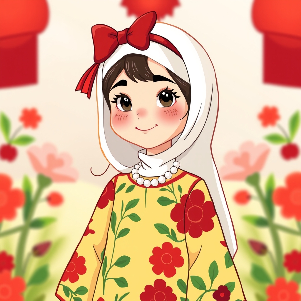 یک دختر خانم ۹ ساله زیبا باحجاب با لباس و دامن گل گلی به رنگهای یلدایی با روسری سفید و تل سر پاپیونی یلدایی و گردنبندی با مروارید های سفید
به سبک کارتونی7