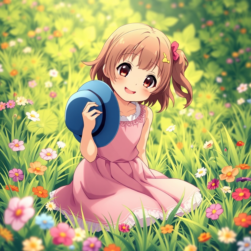 عکس دختری که لباس صورتی و در دشتی که در عروسک است نشسته و دستش به کلاه آبی 13