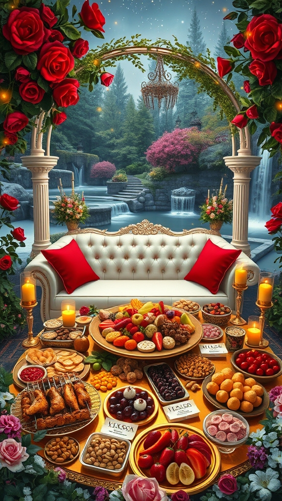 باغ گل سرخ
یک تونل گل سرخ
در کنار رود و آبشار
شبی درخشان
پرستاره و پروانه درخشان
یک کاناپه سفید با کوسن های قرمز
گوشه کنار یخ و برف هستش
روبروی کاناپه
میز مجلل طلا و بزرگ پر شمع و گل
پر از کباب مرغ گوشت سبزی میوه شیرینی آجیل 17