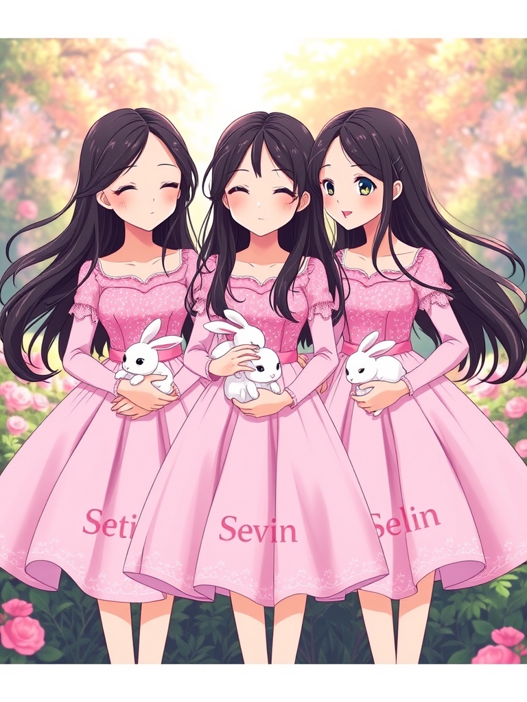 ستین،سوین وسلین سه خواهر سه قلو هستند که هر سه لباس‌های صورتی دامن‌دار و اکلیلی و براق  مانند پرنسس پوشیده اند و موهای بلند و مشکی‌  دارند و هر سه تاشون لبخندی ملایم دارند با و موهایشان در نسیم به‌آرامی تکان می‌خورد و پشت سرشان جنگل پر از گل است و هر سه تاشون خرگوش های سفید و ناز دستشون است و روی لباس هایشان اسم های آنها setin و sevin وselin نوشته شده باشه0