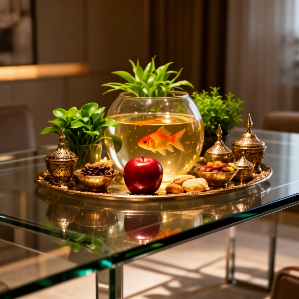 سفره هفت سین ایرانی مدرن روی میز شیشه‌ای، تنگ ماهی و سبزه و سیب، نورپردازی سینمایی و گرم، نمای لوکس و امروزی.0