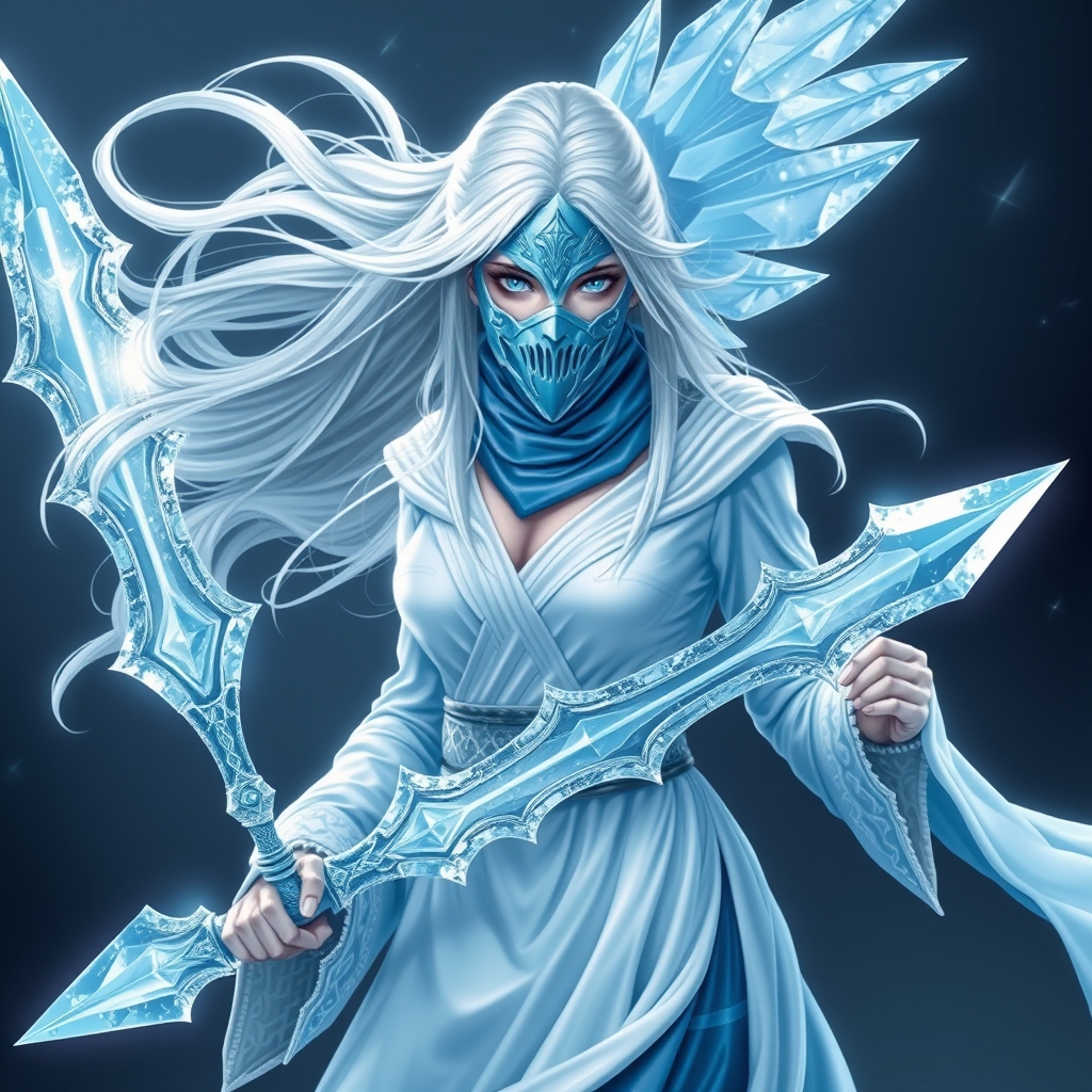 یک دختر زیبای یخی با موهای سفید و ماسک آبی و سفید و شمشیر های یخی و چشم های آبی 5