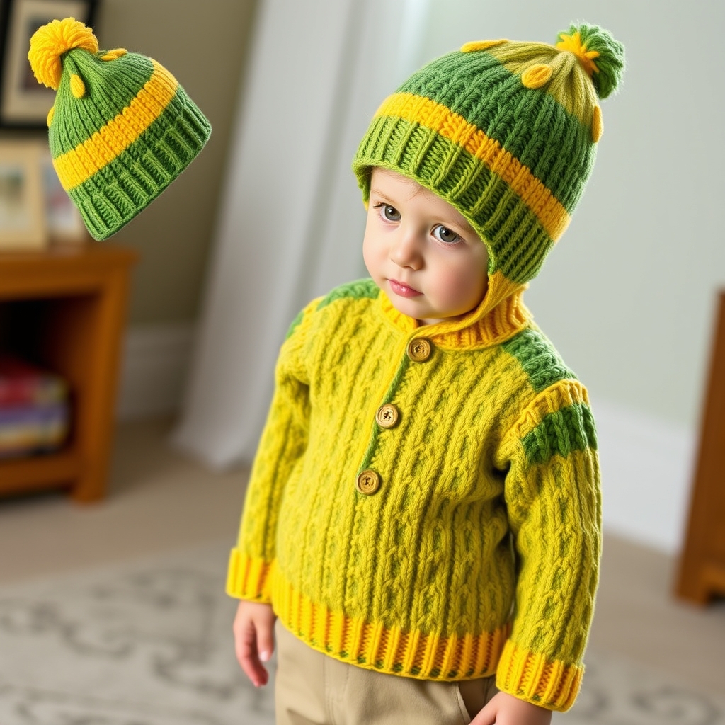 ست بافتنی لباس کودک پسرانه با رنگ سبز وزرد3
