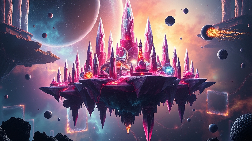 A surreal and abstract interplanetary city constructed of energy crystals and dark matter. Its structures defy physics, floating in a space filled with colorful nebulae and black holes. Energy beings move around it. In the style of conceptual digital art with vibrant colors.

4