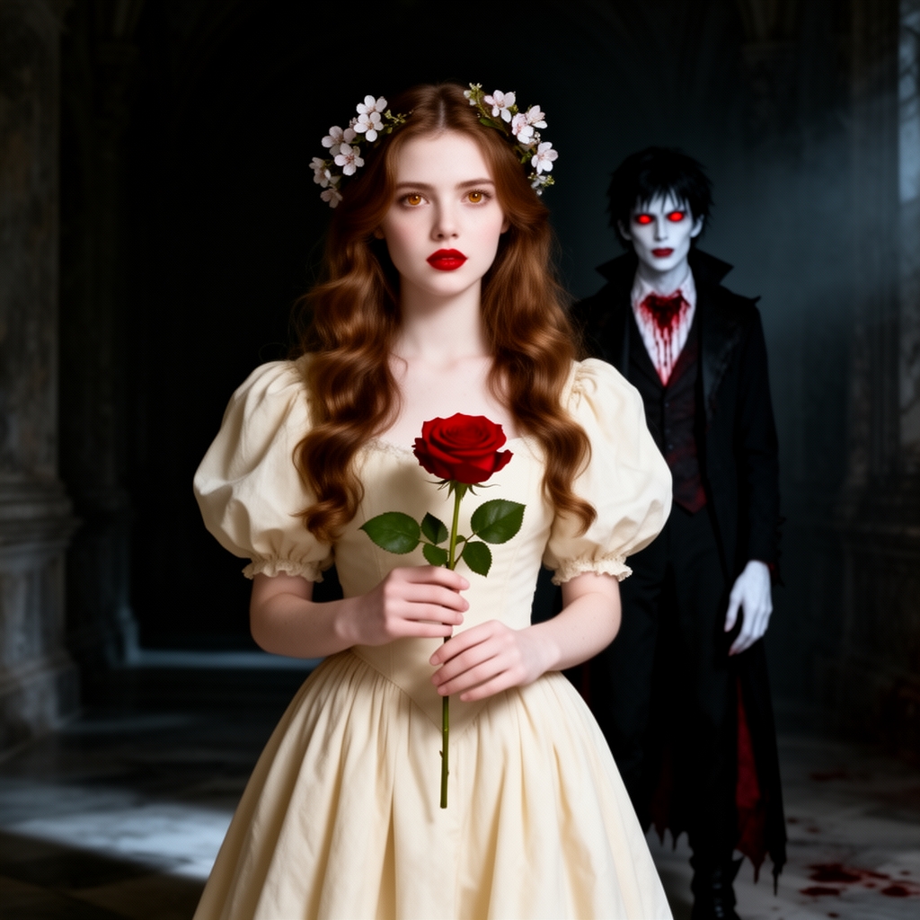 زیباترین زن جوان در جهان حتی در رویایی که شکوه خدا را داشته باشد که نظیر آن در دنیا نباشد و همه به او از شدت زیبایی به او سجده کند که با موهای خرمایی حالت‌دار  بلند  و با چشمان عسلی  و با لبانی سرخ  و با پوستی سفید به رنگ برف که پیراهن کرمی دامن‌دار کمی پفی رنگ زیبایی باشد که لای موهایش شکوفه زیبایی باشد و در دستش گل رز قرمزی باشه و پشت سرش تالار تاریک و اسرارآمیز و پشت سرش مرد جوان خوناشام هیولا مانندی با چشمانی سرخ و و با موهای مشکی رنگ با قامتی بلند وبا پوست سفید 0