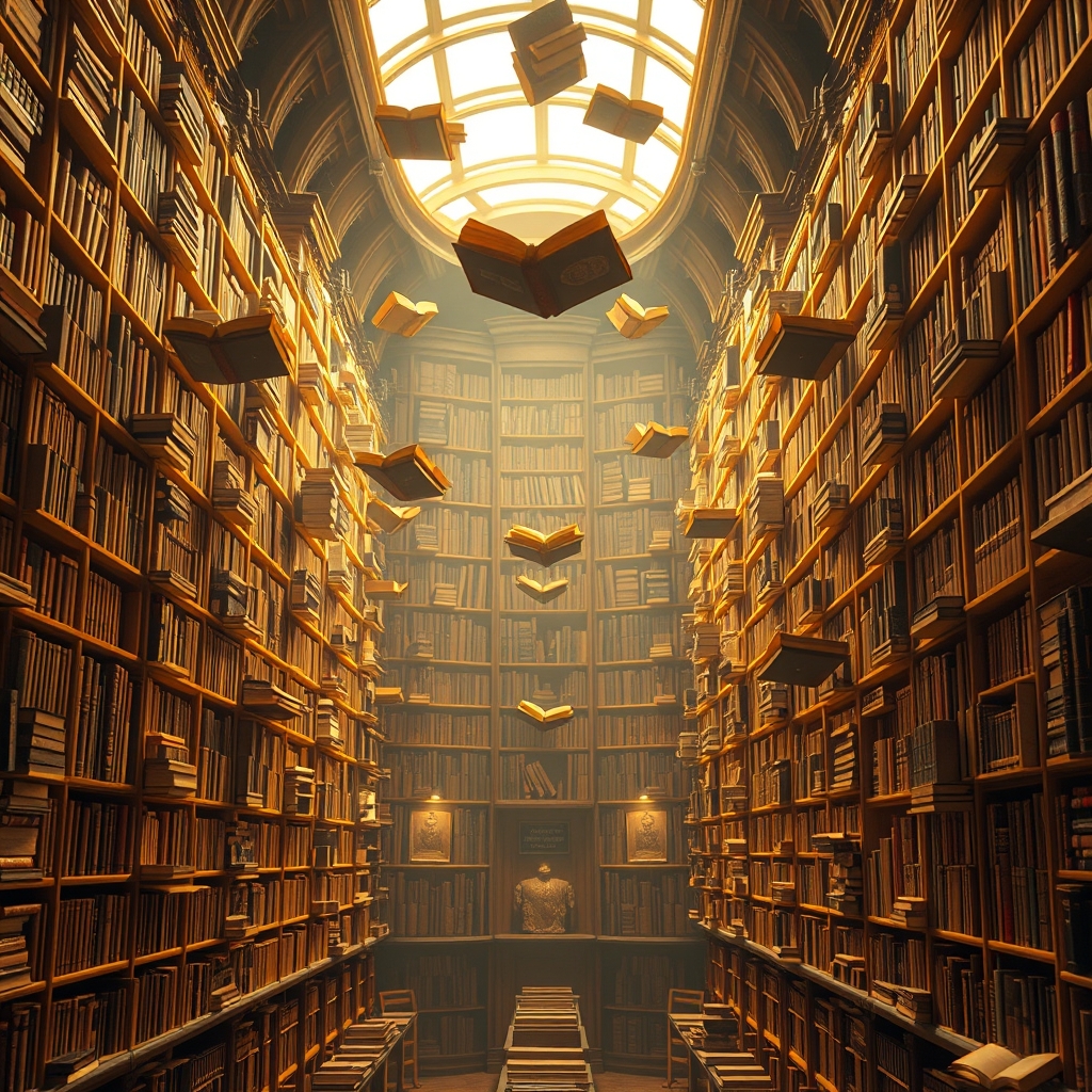 یک کتابخانه خیالی با کتاب‌هایی شناور در هوا، روشن‌شده با نور طلایی.17