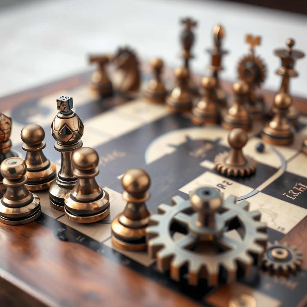 یک صفحه شطرنج به سبک استیمپانک با مهرههایی به شکل چرخدندهها.4