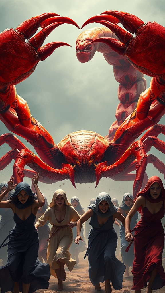 عقرب قول پیکر قرمز در حال حمله به جمع زنان که زنها ترسیدند و دارند فرار می کنند14