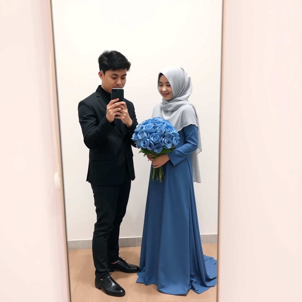پسر و دختر عاشقانه جلوی آیینه ایستادند و یک دسته گل رز آبی خاستگاری در دستان پسر است و دختر پسر کنارهم با گوشی در آیینه عکس میگیرند 22