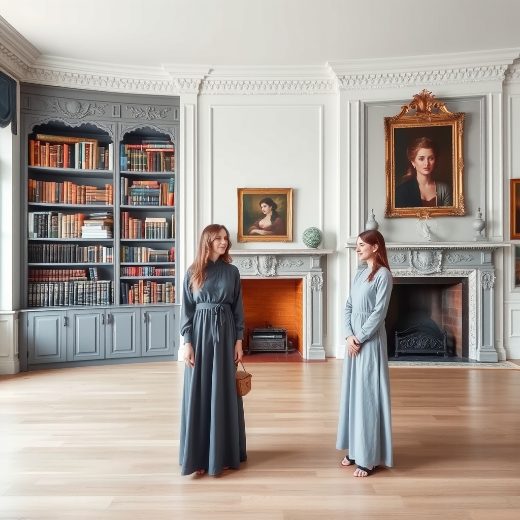 اتاقی  برای دو دختر بزرگ و زیبا با تم خاکستری و آبی با کتاب خانه عظیم و شومینه ای زیبا زمینی چوبی و دیواری به رنگ سفید با کار های هنری بسیار5