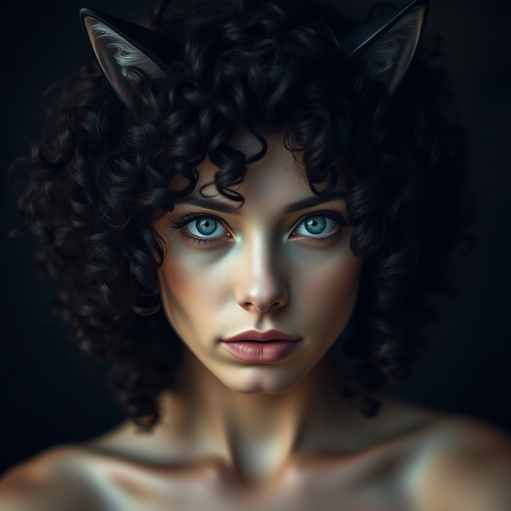 عکس زن نیمه گربه ای با موهای فرفری خیلی سیاه با چشمانی به رنگ سفید و چهره ای خشن و پوست بسیارررررر سفید
7