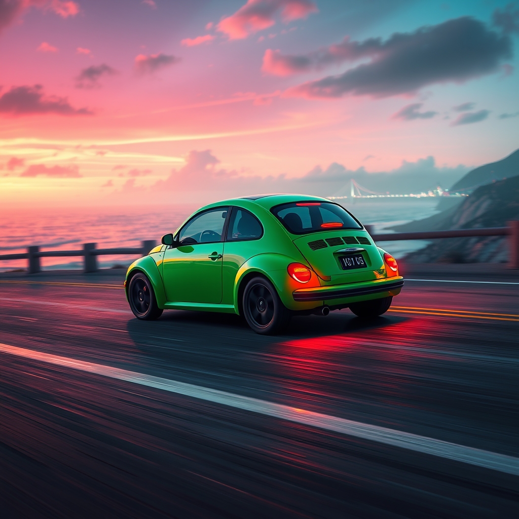 یه ماشین کوچولوی جمع و جور رنگش سبزباشد ودر جاده ای رویایی و ساحلی
 حرکت کند5