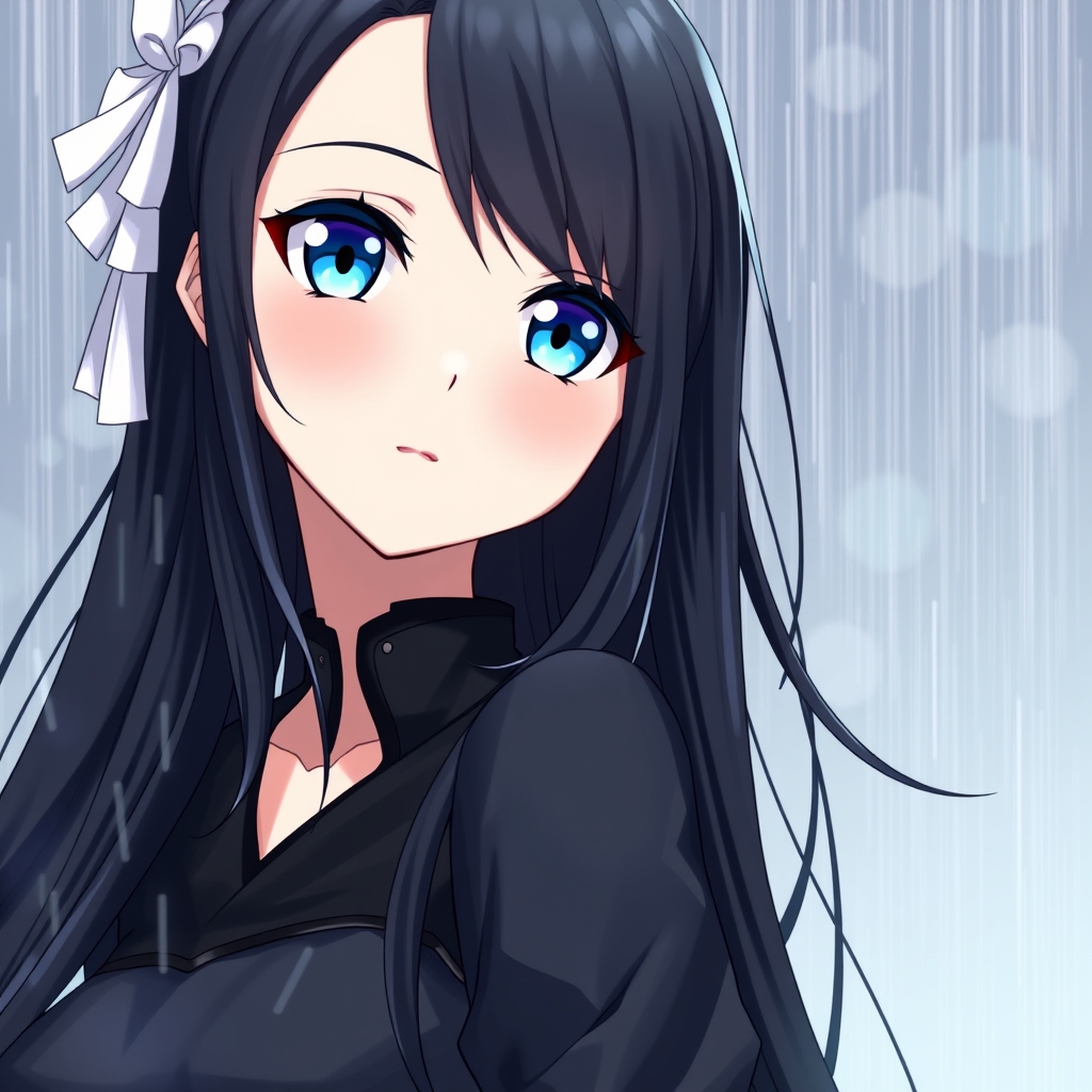 یک زن خیلی زیبا با موهای مشکی بلند چشمانی آبی لباسش هم مشکی در زیر باران5