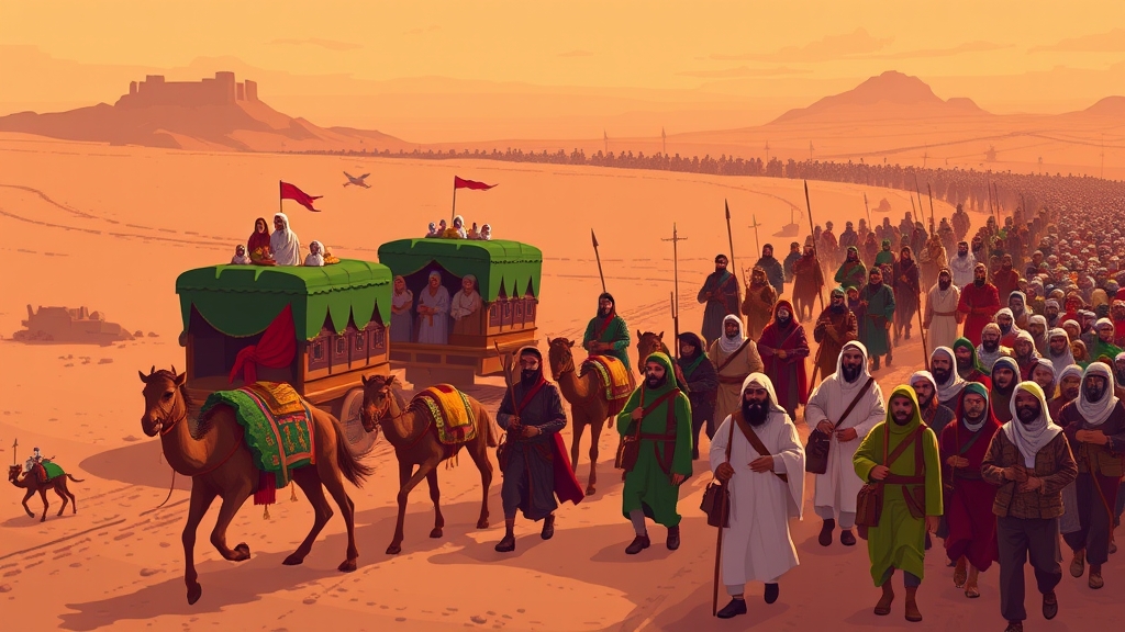 امام حسین (ع) با کاروان و خانواده  از مکه میرود با شتران و کجاوه با رنگ سبز که زنان و بچه کوچک در آنند و اسبها که مردان و جنگجویان روی آنند و تعداد زیادی پیاده در کنار و دنباله کاروان به سمت کوفه میروند5