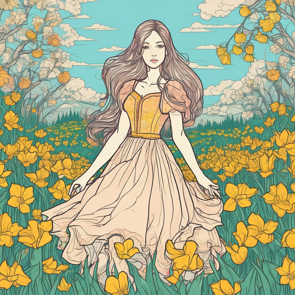 دختری زیبا باموهای بلند. ولباس پرنسسی خوش رنگ در. دشت. پر. از. گل های نرگس. 21