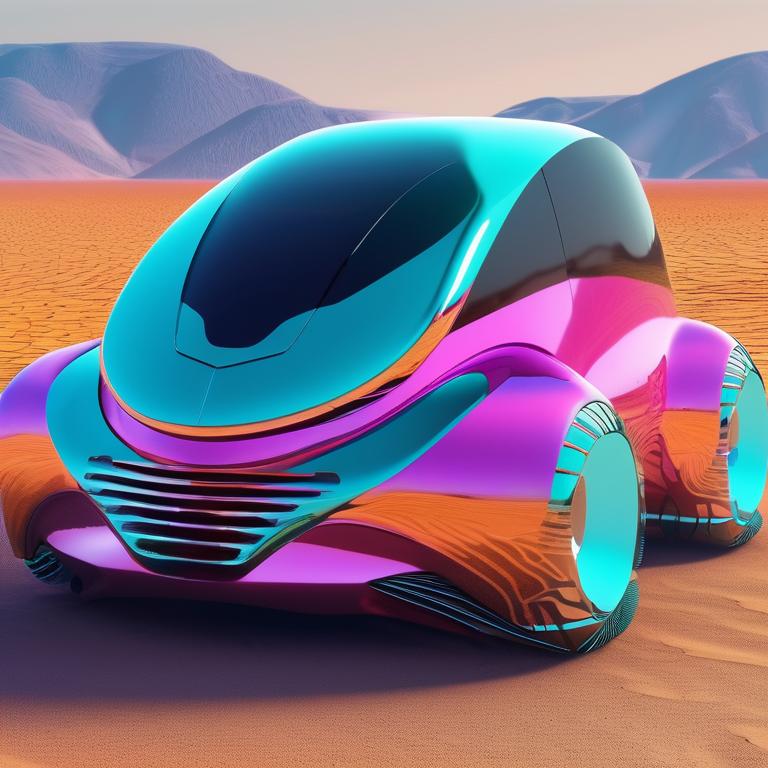 یک ماشین عجیب و غریب با طراحی آینده گرایانه، بدنه براق و رنگی، حرکت در میان یک منظره بیابانی خشک و بی آب و علف14