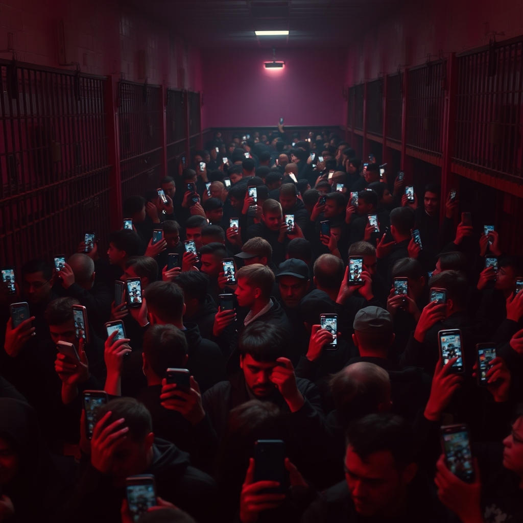 انسان های زیادی در زندان هستند که هر نفر یک موبایل دارد و هوس مصنوعی حاکم جهان است
فضا قرمز و سیاه و رعب اور 19