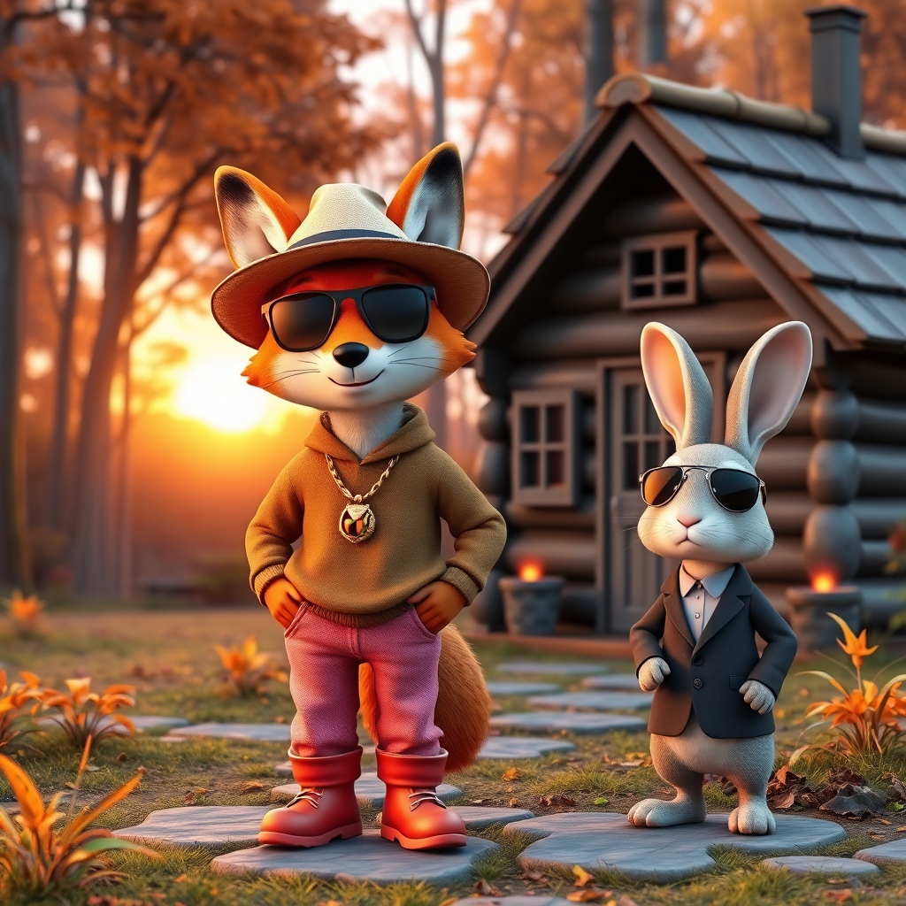 یه شخصیت انیمیشنی روباه که یک کلاه بر سر دارد کلاه آفتابی یک سوشرت قهوه‌ای بر تن دارد و یک شلوار جین صورتی پوشیده و یک پوتین هم برپا دارد و یک عینک دودی هم زده و یک گردنبند طلایی زیبا هم بر گردن دارد یک شخصیت انیمیشنی گنگ زیبا کنار کلبه در فصل پاییز در کنارش هم یک خرگوش زیبا ایستاده خرگوش هم کت و شلوار بر تن دارد و یک عینک دودی هم زده با جزئیات غروب پاییز زیبا در جنگل20