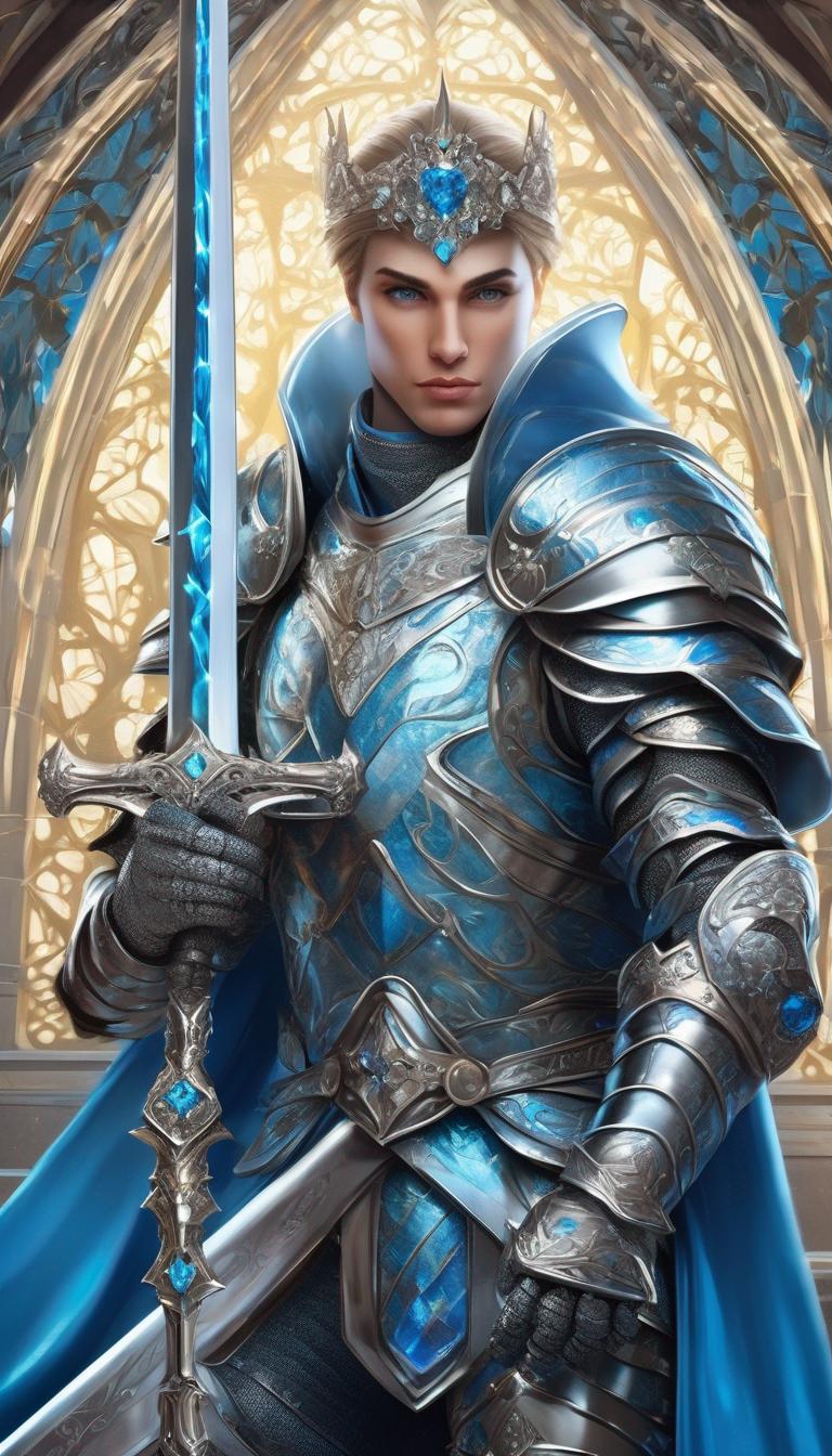 شوالیه ای با صورت زیبا  با زره ی براق با شمشیری با الماس آبی6