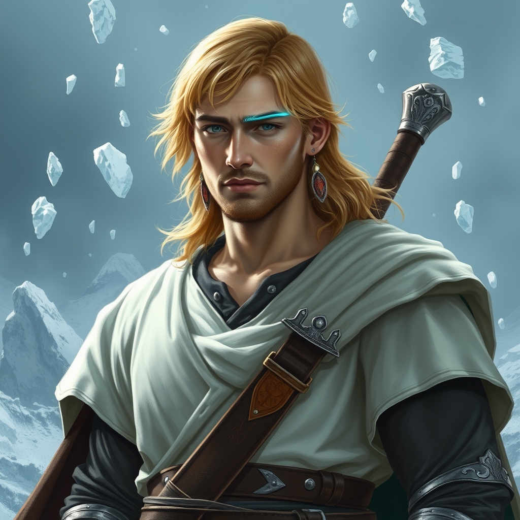 یه عکس از یه مرد با دوشاخ وایبر آبی کمرنگ کنار تیکه های یخ و برف که از آسمان میاد چهره ی زیبا و لباسی سفید موهایی طلایی و یه شمشیر و یه کمربند بزرگ در کمرش10