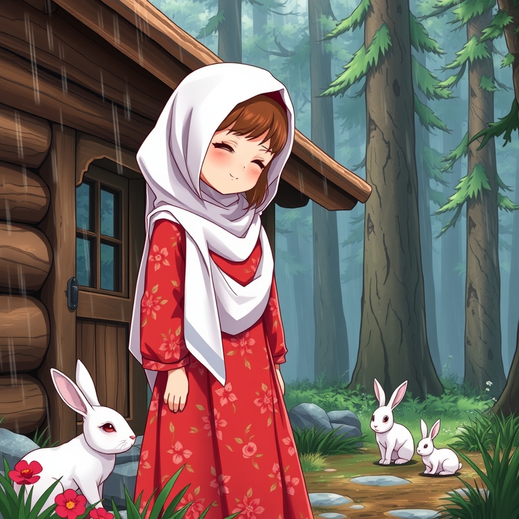 عکس از یک دختر ایرانی خیلی خوشکلللل با حجاب با موی قهوه ای و با احساس است  روسری سفید به مدل شمالی بسته و لباس و دامن قرمز گل دار سنتی کنار خانه چوبی اش در جنگل سرسبز شمال ایستاده و چشمانش را بسته و لبخند می زند و باران روی صورتش می بارد باران به جنگل طراوت تازه ای داده و چند تا خرگوش بازی می کنند سبک سه بعدیهرچی دوست داری بساز فقط مناسب استوری باشه 9