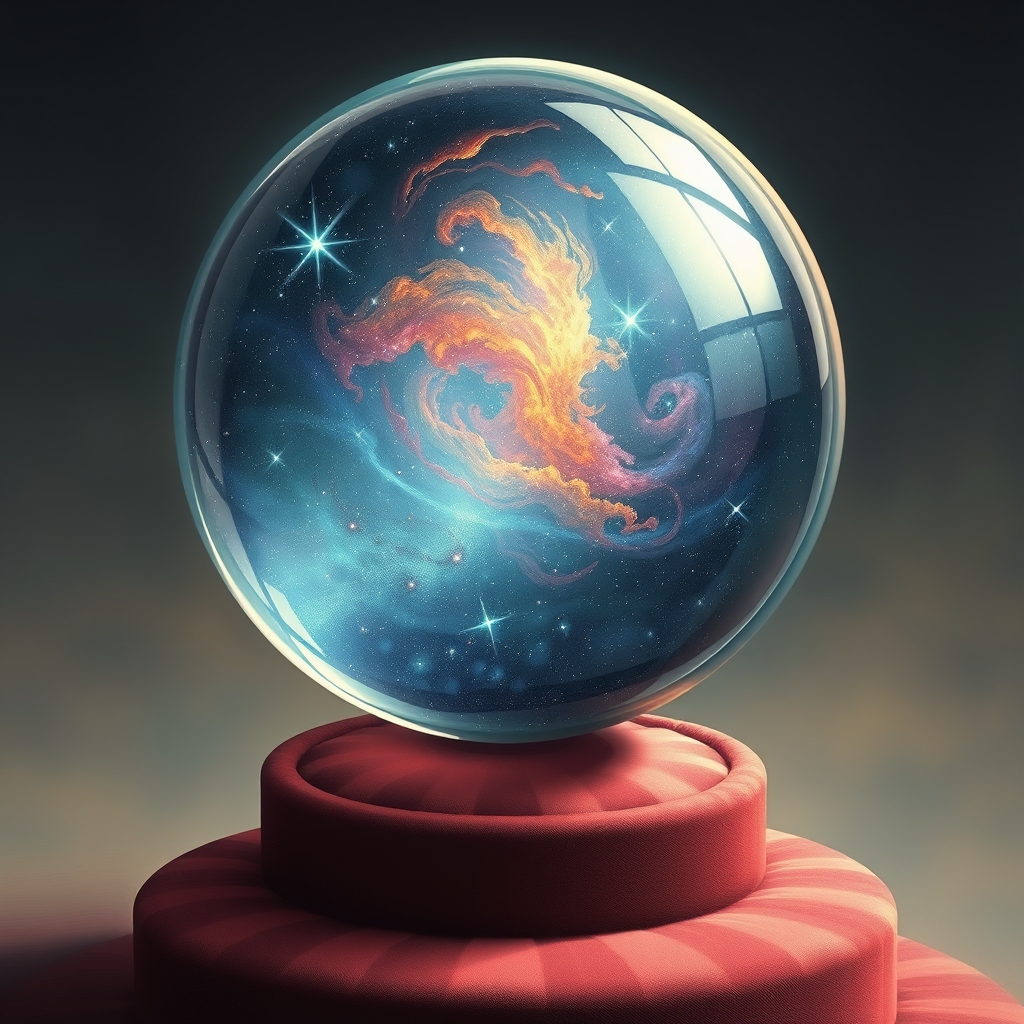 یک کره شیشه‌ای پر از کهکشان‌های چرخان، قرارگرفته روی پایه‌ای مخملی.5