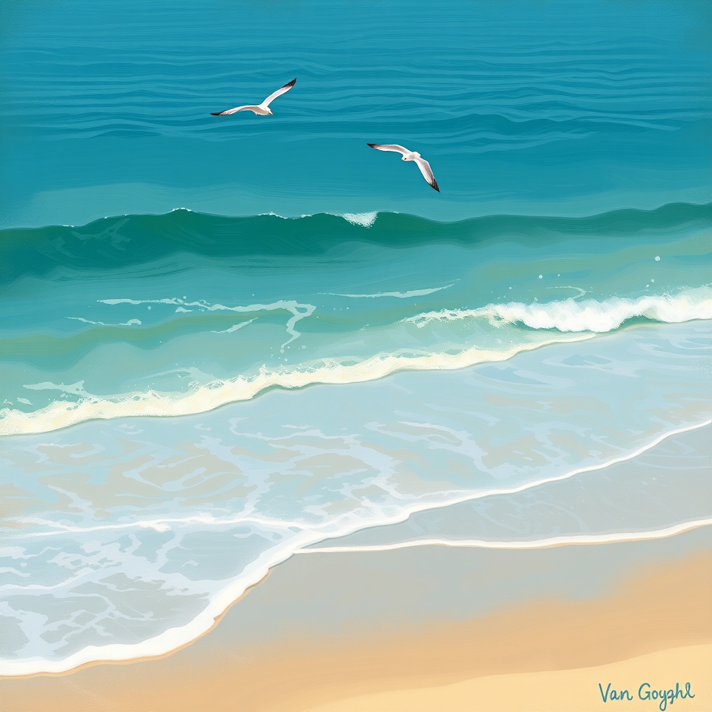 دریای آبی آرام با کمی موج بر ساحل شنی و مرغان دریایی و ..... نقاشی رنگ روغنی ونکوگ 5