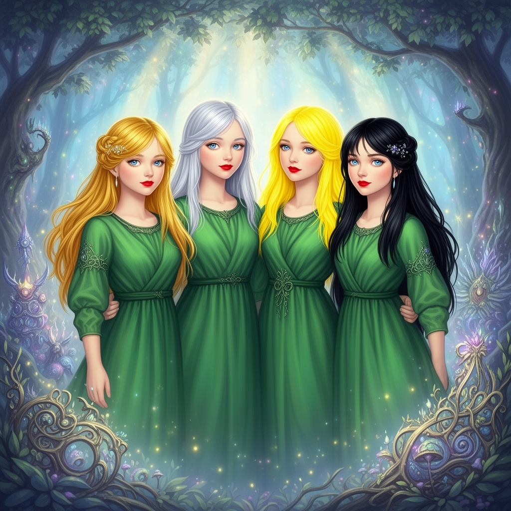 چهار دختر نوجوان که یک نفر از آنها مو طلایی باشد و یک نفر از آنها مو نقره ای باشد و یک نفر از آنها مو زرد باشد و یک نفر از آنها مو مشکی باشد و با لبانی سرخ و پوستی سفید باشند و با صورت آرایشی باشند و با سارافنی سبز و زیبا باشند و با چشمان آبی کم رنگ باشند0