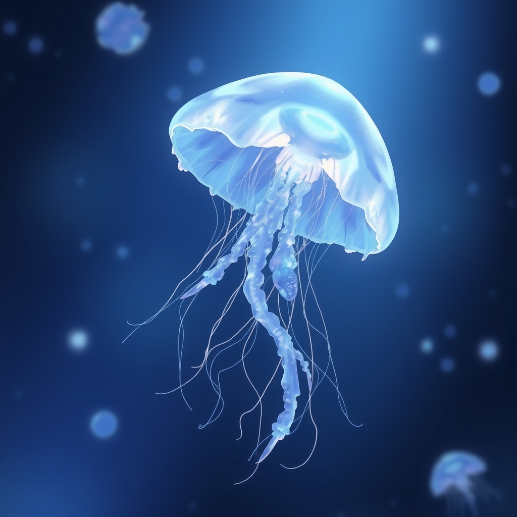 یک عروس دریایی شفاف شناور در هوا، که به نرمی در یک اتاق تاریک می‌درخشد.7