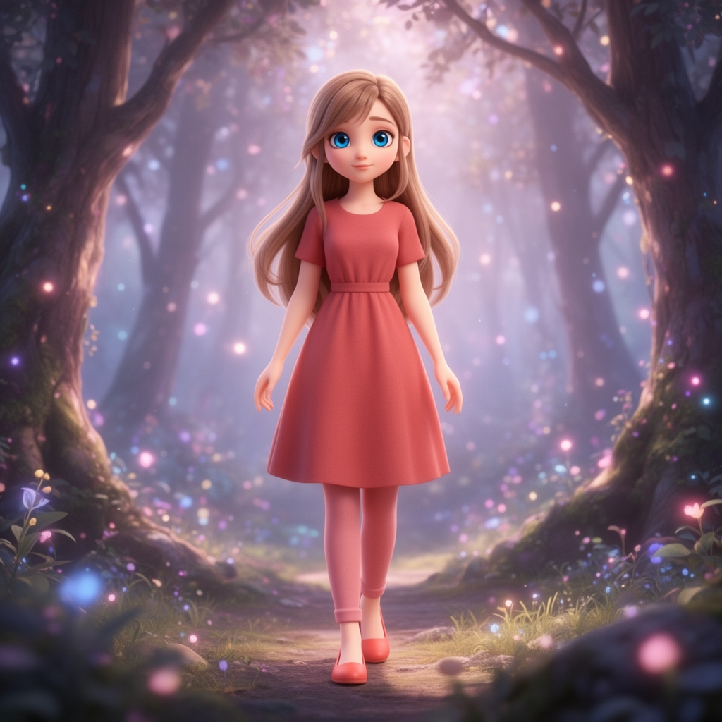 یک دختر انیمه سه بعدی خوشگل با صورت سفید و لباس قرمز کم رنگ با کفش قرمز کم رنگ با موهای چتری و بلند قهوهای روشن و چشمان ابی با پنس قرمز کم رنگ با پشت زمینه یک جنگل سحر امیز4