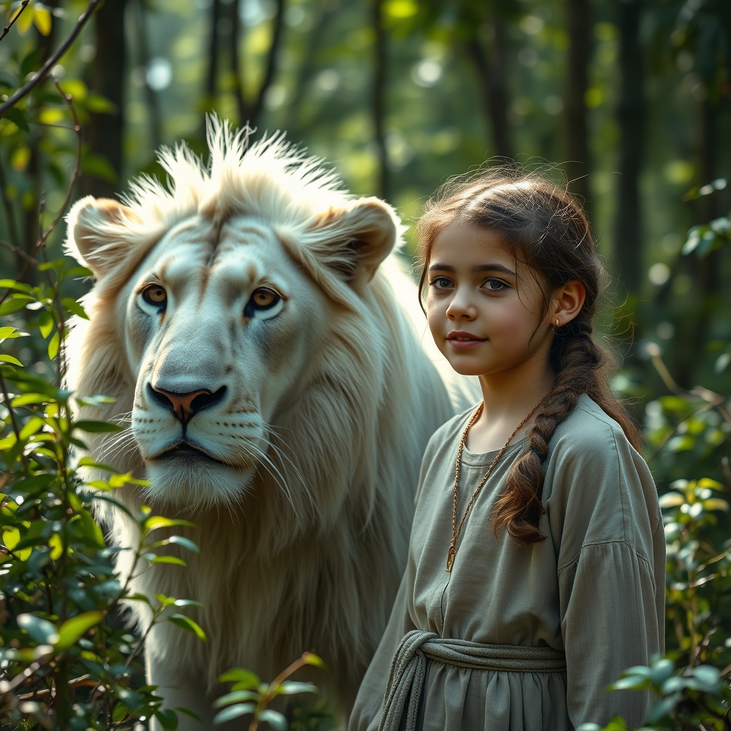 یک دختر بیست ساله در جنگل کنار یک شیر سفیر 20