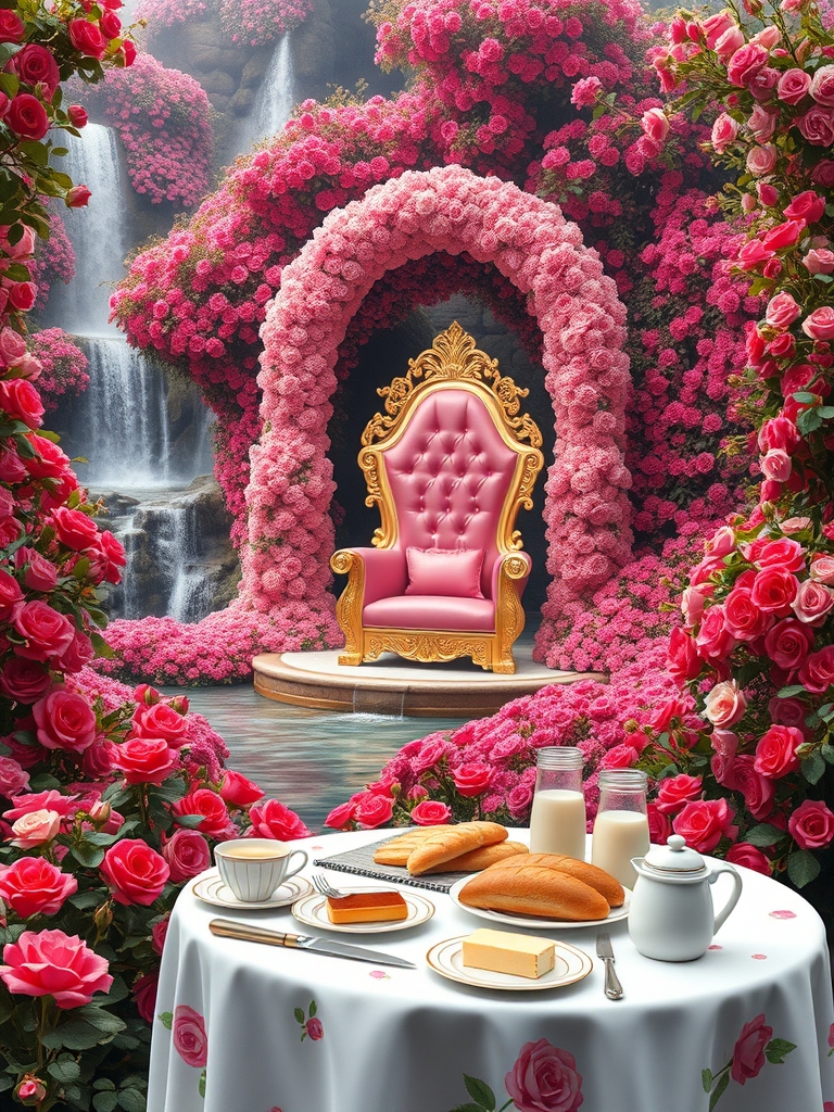 باغ گل رز سرخ و صورتی در و دیوار زمین همه جا سرتاپای باغ با رز سرخ و صورتی پوشیده شده
آبشاران جاری اند
رودها به هم می ریزند
یک طاق گل صورتی
یک تخت خواب سفید طلایی سلطنتی با کوسن صورتی
یک میز سفید و طلایی مجلل صبحانه
پر نان کره خامه عسل مربا شیر میوه 8