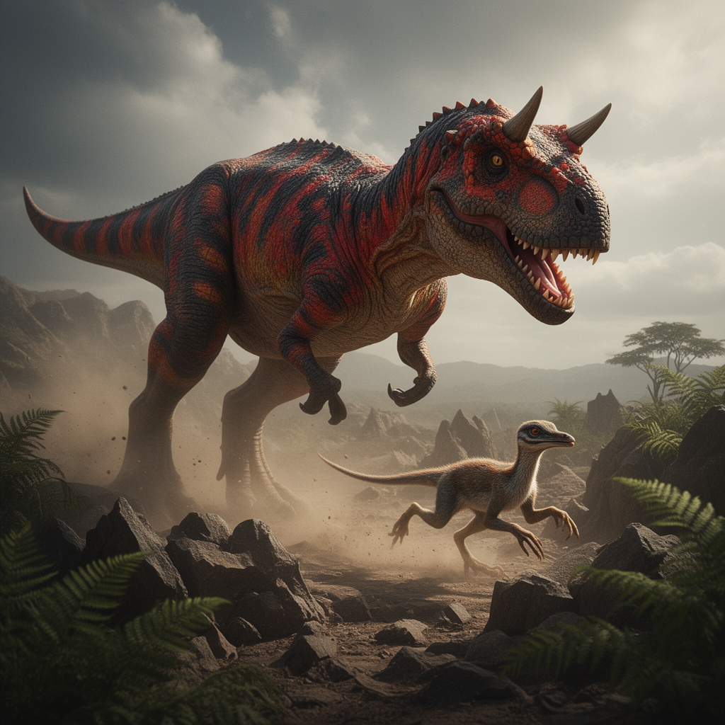 یک کارنوتاروس با پوست سفت و زبر با رنگ قرمز و نارنجی و سیاه و دوشاخ درست بالای چشماش درحال شکار کردن یک دایناسور کوچک3