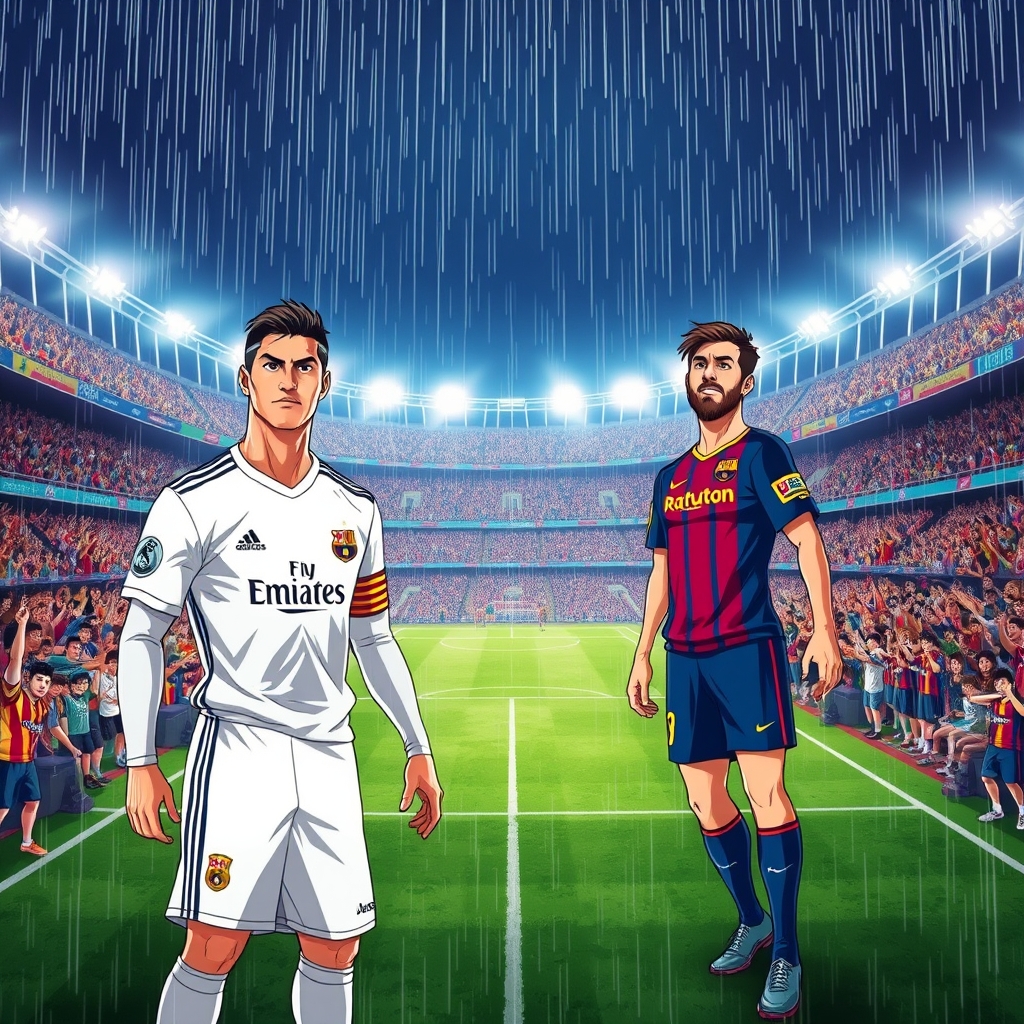 رونالدو با لباس رئال مادرید در مقابل مسی با لباس تیم بارسلونا انها در وسط زمین حضور دارند طرفداران رونالدو در روی سکوها سمت رونالدو و طرفداران مسی روی سکوها در سمت خودش و باران سنگینی در حال ریزش است8