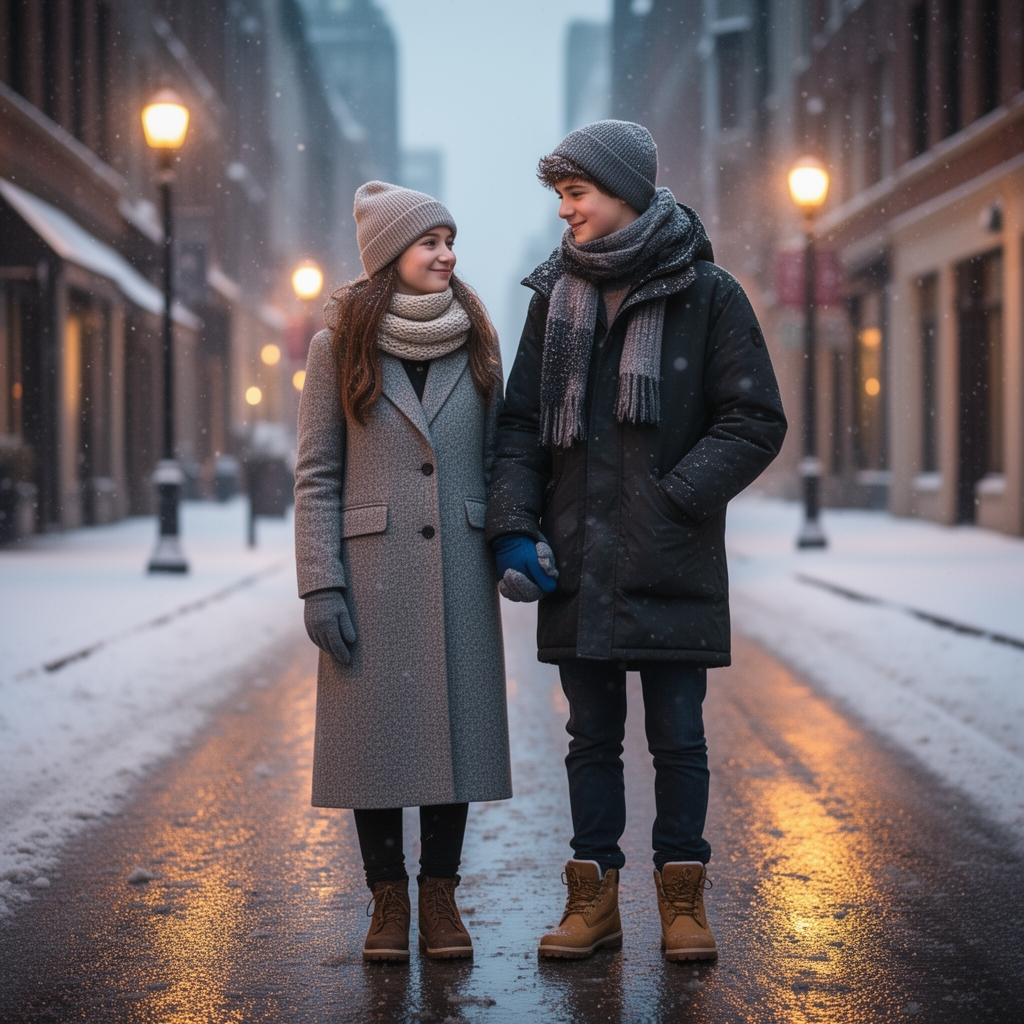دختر و پسری عاشق با لباس زمستانی ست در خیابان 1