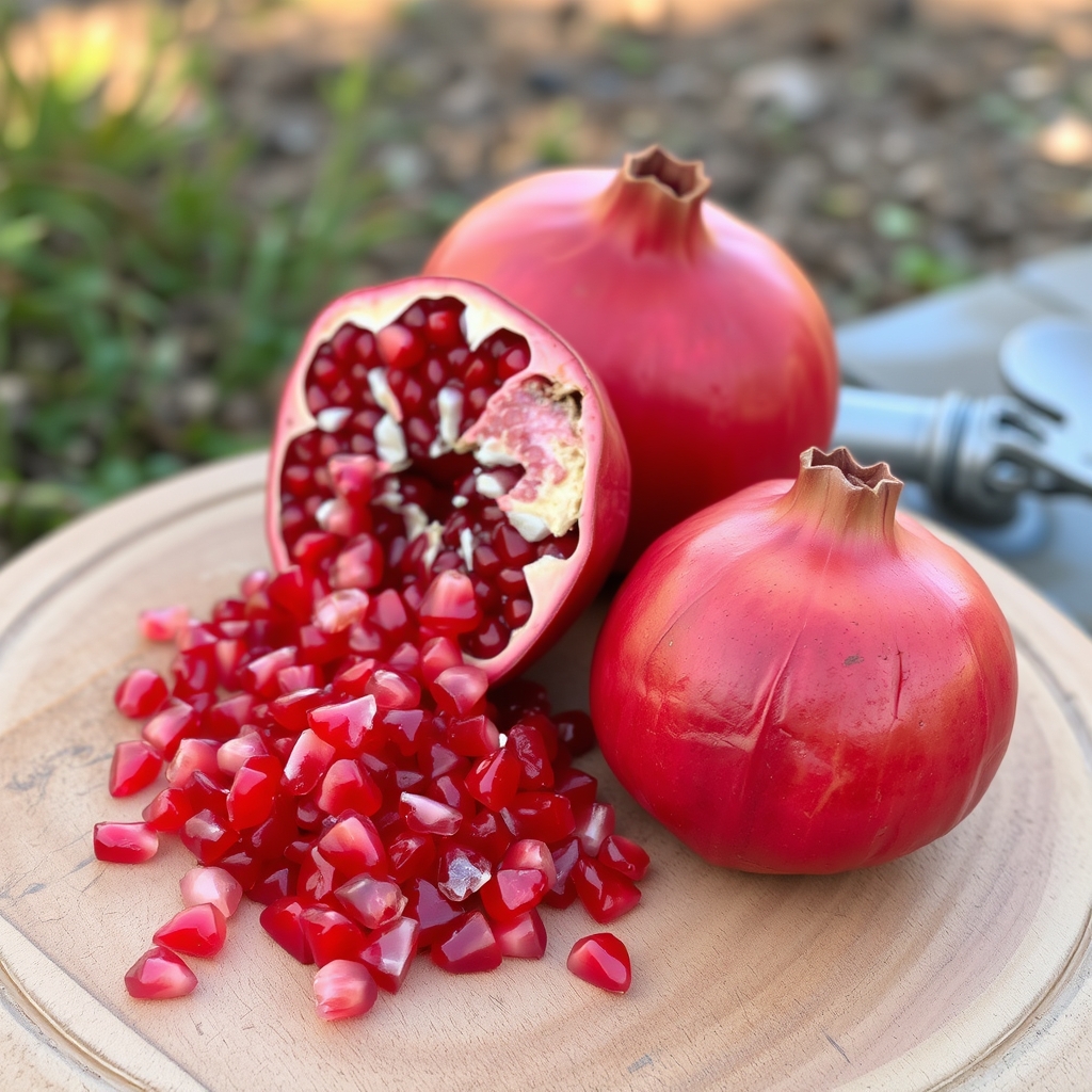 یک انار قاچ شده و یک انار درسته در روی یک تخته و زمینه طبیعت23