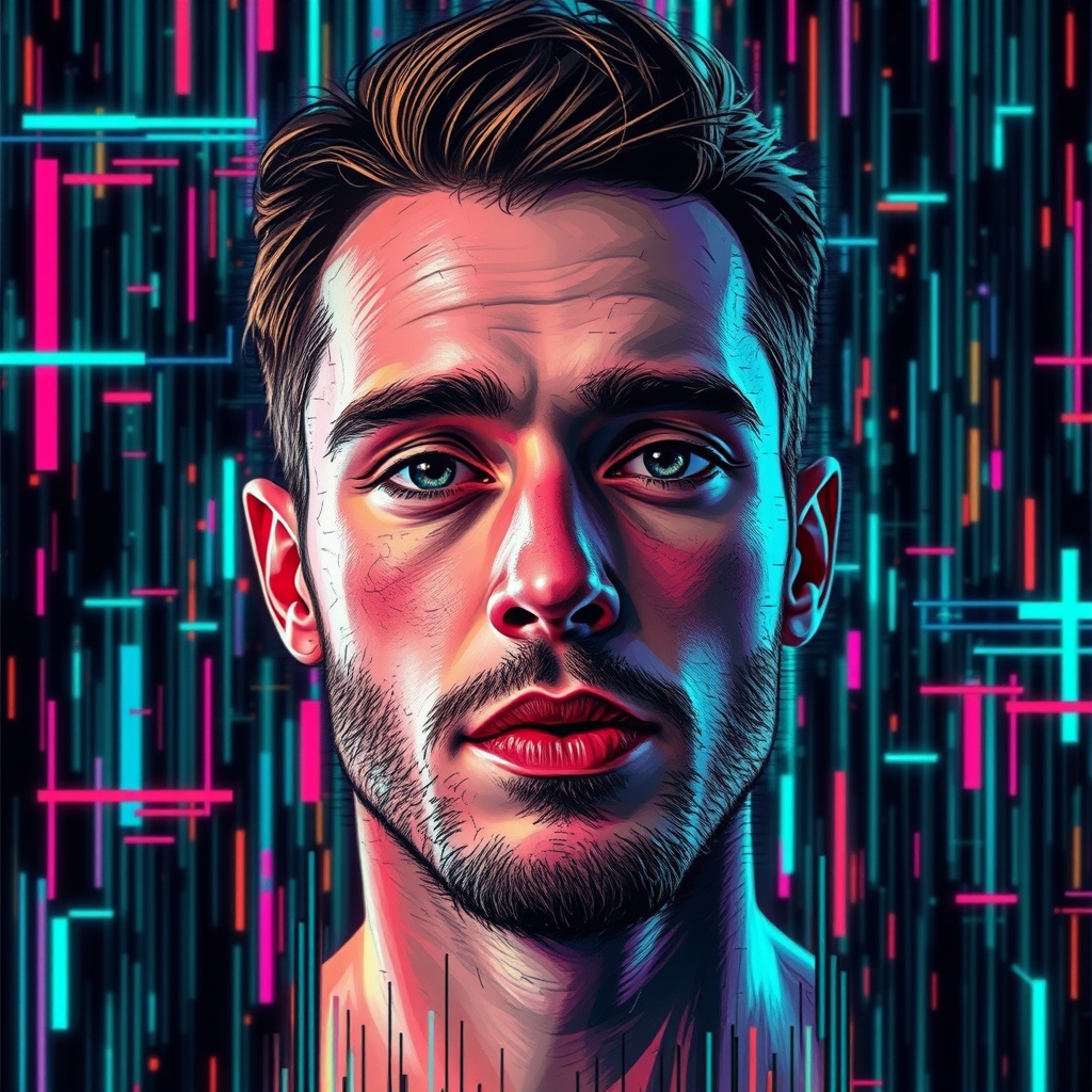 Male face with distorted features melting into a screen of chaotic static, distressed glitch effect, reminiscent of Ash Thorp's futuristic aesthetic, Sydney Emery's vibrant digital art, and Android Jones's psychedelic patterns, with bold brushstrokes and neon colors.0