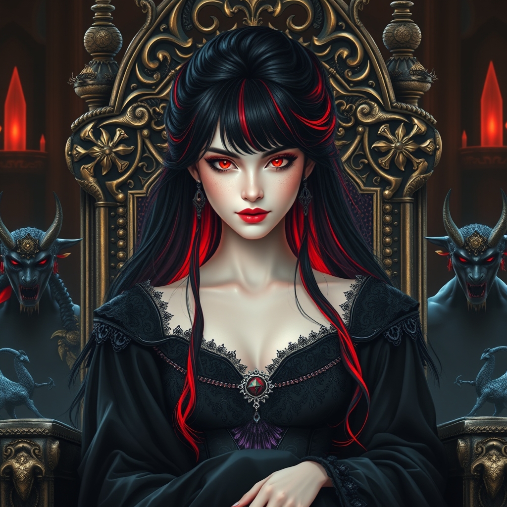 زیباترین زن جوان در جهان حتی در رویایی که شکوه خدا را داشته باشد که با چشمانی قرمز رنگ و با موهای مشکی رنگ که پایینش قرمز باشد و با پوستی سفید رنگ وبا لبانی سرخ باشد و با لباس سلطنتی مشکی رنگی باشد که بر تخت سلطنتی نشسته باشد 
وشیاطیین و جن در کنارش باشد ببینیم رویایی چیکار می‌کنه 2