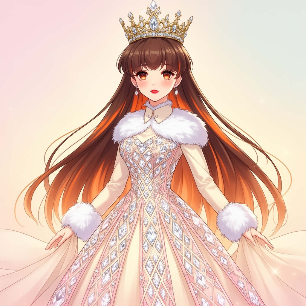 تصویر انیمه زیبا ملکه با موهای قهوه‌ای مایل به نارنجی با تاجی از طلا و نقره و الماس های زیبا و چهره سفید و پیراهنی با گردن و مچ سفید خز دار و پیراهن الماس دار بلند ترکیبی از رنگ کرم و اندکی صورتی او ایستاده است و رژ لب نچرالی زده و مژه هایش را ریمل زده و به گونه هایش رژ گونه زده و رژ لب صورتی مایل به قرمز زده .5