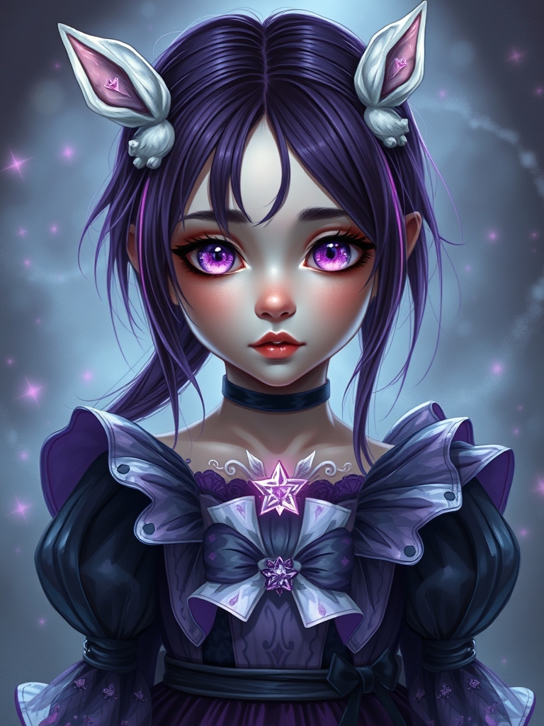 عکس یه دختر 12 ساله که موهاش بنفش تیره هست و بخش هایی از موهاش صورتی. اون لباس پفی خیلی قشنگ به رنگ های بنفش،مشکی و سفید پوشیده . چشماش مثل کهکشان زیبا هست و توی هر دو چشمش یه ستاره دیده میشه . رنگ چشماش بنفشه و یه گیره خرگوشی روی موهاش هست18