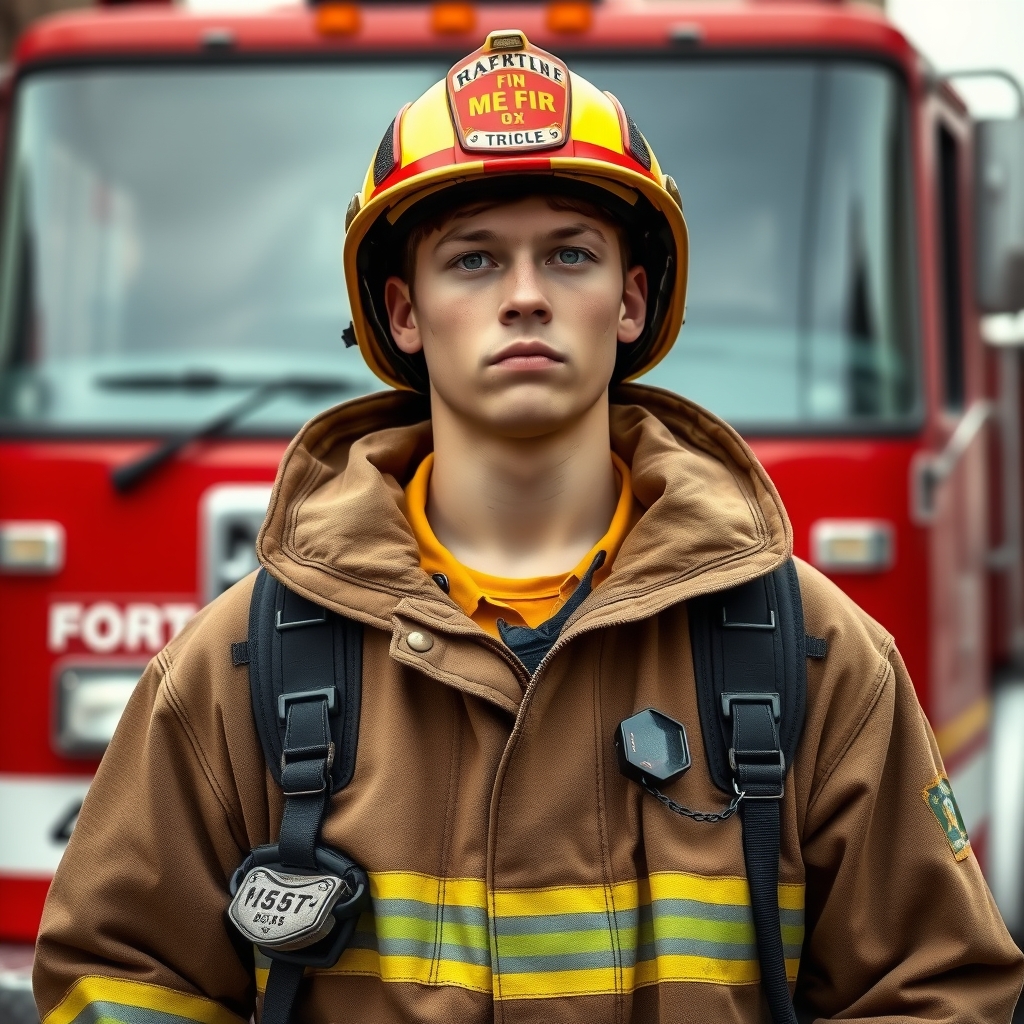 A young man with the same face in firefighting gear and uniform6