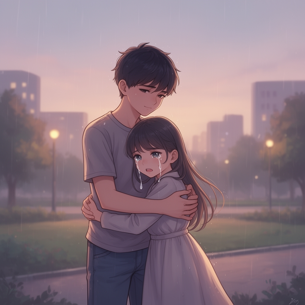 یک پسر که یک دختر جوان را بغل کرده و دختر گریه میکند0