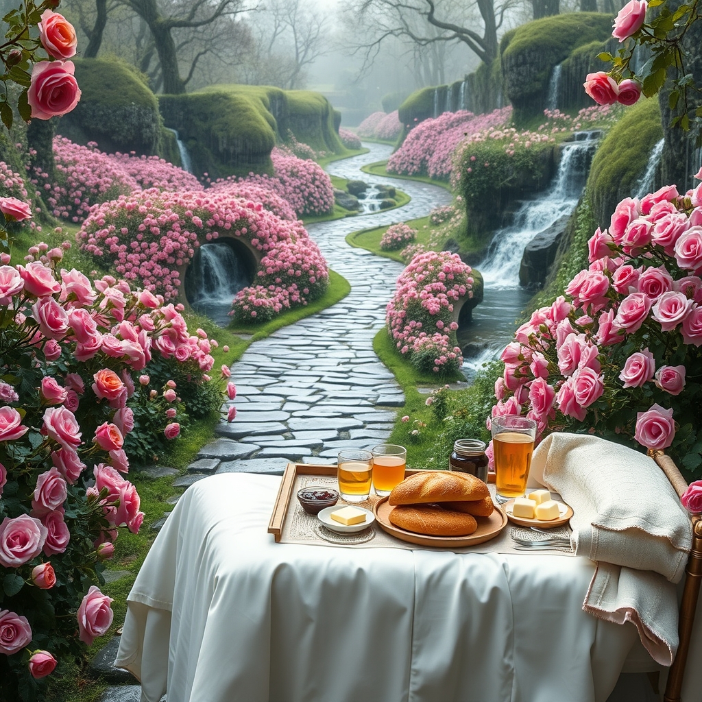 باغ گل رز صورتی جاده ای پرپیچ و خم سنگی
دو سوی جاده پوشیده کامل از هزاران گل رز صورتی و رودها آبشارها باغ را در برگرفته اند در روز بهاری بارانی
یک گوشه تخت خواب سفید سلطنتی قرون وسطایی دخترانه و سینی صبحانه
پر نان کره خامه عسل مربا باقلوا شیر انگور سیب20