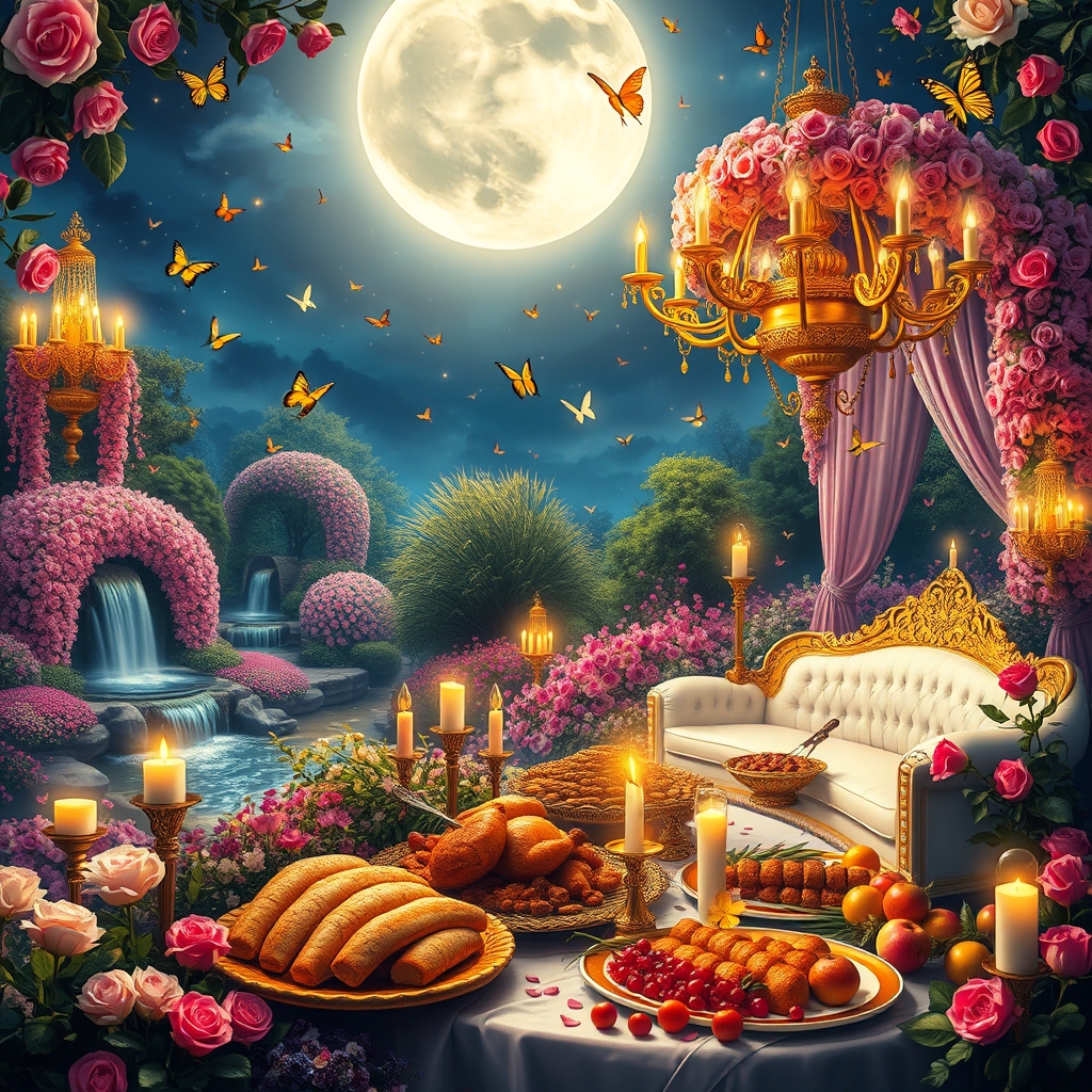 شب مهتابی درخشان پر ستاره پر پروانه درخشان
باغ زیبای بزرگ و افسانه ای پر رز لاله لی لی یم اطلسی شب بو مریم کوکب یاس نرگس نسترن  سرتاپای باغ با گلها پوشیده شده 
آبشاران جاری اند
شمعدان های بزرگ طلا پر شمع روشن
هزاران شمع گوشه کنار 
رودها به هم می ریزند
زیر طاق گل صورتی 
یک کاناپه سفید و طلایی دراز پر شده با گلبرگ
 و میز مجلل شام 
پر نان مرغ بریان کباب باقلوا  میوه سیب انار انگور11