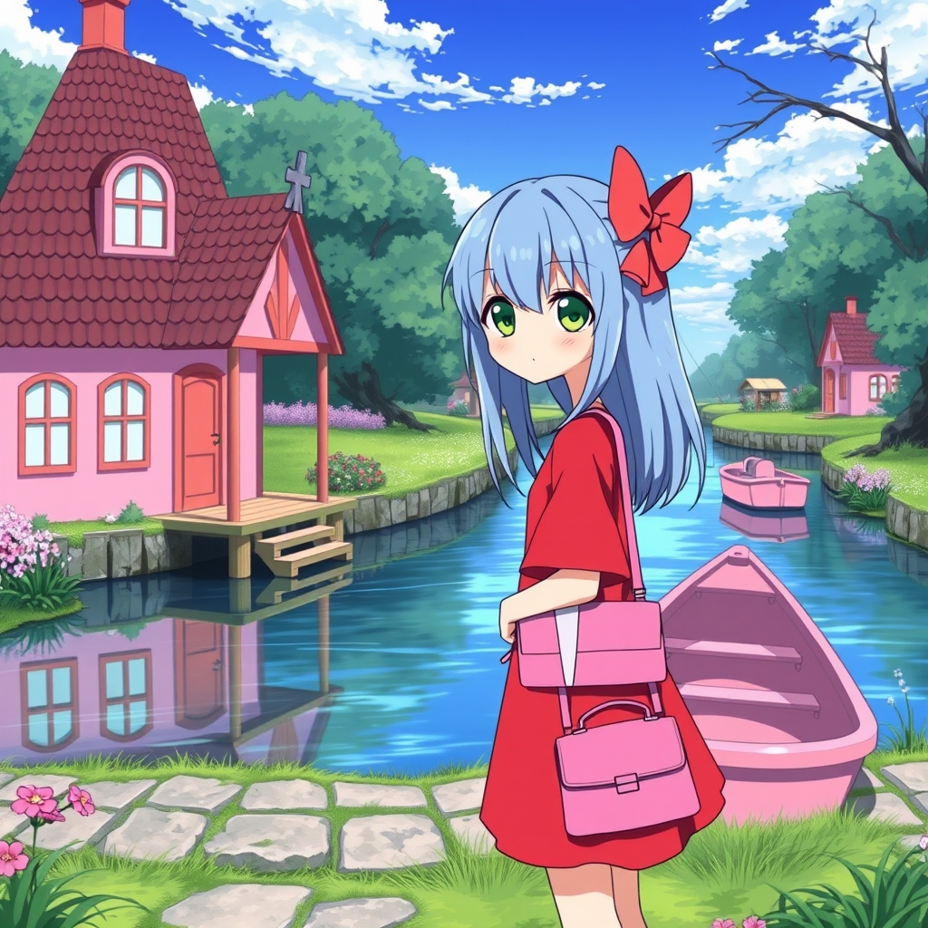 دختری با موهای آبی و چشمان سبر با پیراهن قرمز و کفش قرمز و کیف صورتی در کلبه صورتی در کنار رودخانه بایک قایق صورتی 
1